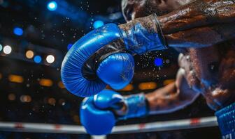 A boxer's gloved hands and body in a fighting stance, with a boxing ring in the background photo