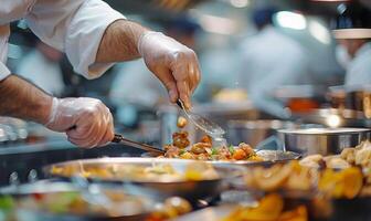 A close-up of a chef's hands preparing food in a bustling kitchen photo