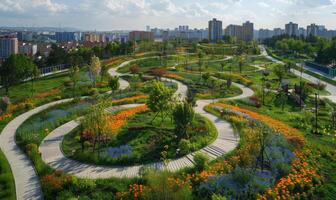 A close-up of a city park seen from above, with winding paths, blooming flowers, and the cityscape in the background photo