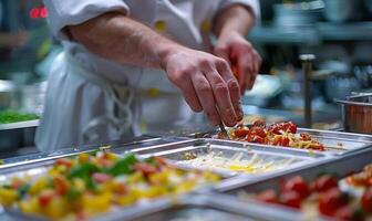 A close-up of a chef's hands preparing food in a bustling kitchen photo