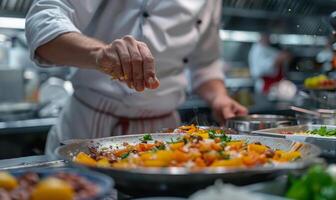 A close-up of a chef's hands preparing food in a bustling kitchen photo
