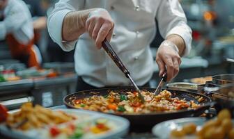 A close-up of a chef's hands preparing food in a bustling kitchen photo