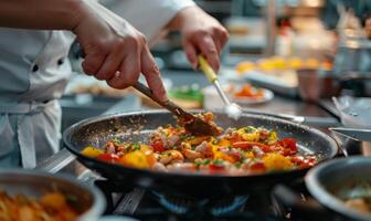 A close-up of a chef's hands preparing food in a bustling kitchen photo