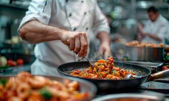 A close-up of a chef's hands preparing food in a bustling kitchen photo