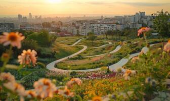 A close-up of a city park seen from above, with winding paths, blooming flowers, and the cityscape in the background photo