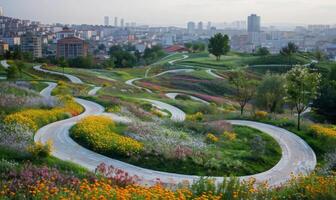 A close-up of a city park seen from above, with winding paths, blooming flowers, and the cityscape in the background photo