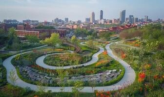 A close-up of a city park seen from above, with winding paths, blooming flowers, and the cityscape in the background photo