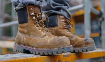 A close-up of a construction worker's boots standing on a scaffold photo