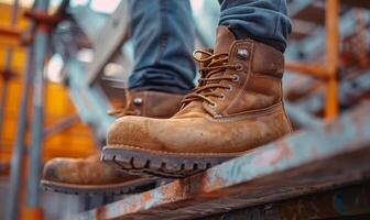 A close-up of a construction worker's boots standing on a scaffold photo