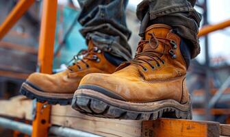 A close-up of a construction worker's boots standing on a scaffold photo