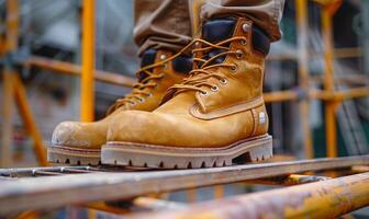 A close-up of a construction worker's boots standing on a scaffold photo