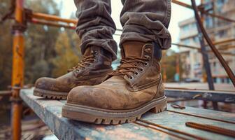 A close-up of a construction worker's boots standing on a scaffold photo