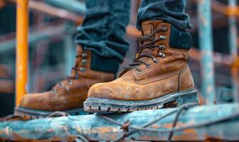 A close-up of a construction worker's boots standing on a scaffold photo
