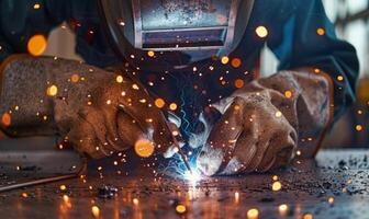 A close-up of a welder's hands and tools in action, sparks flying photo