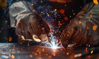 A close-up of a welder's hands and tools in action, sparks flying photo