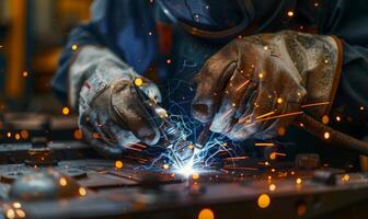 A close-up of a welder's hands and tools in action, sparks flying photo