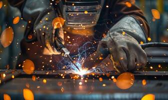 A close-up of a welder's hands and tools in action, sparks flying photo