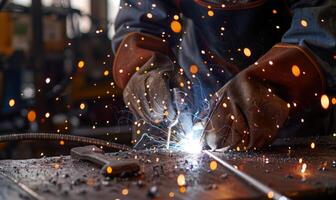 A close-up of a welder's hands and tools in action, sparks flying photo
