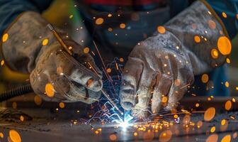 A close-up of a welder's hands and tools in action, sparks flying photo
