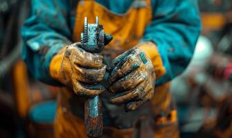 A close-up of a worker's hands gripping tools photo
