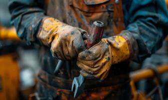 A close-up of a worker's hands gripping tools photo