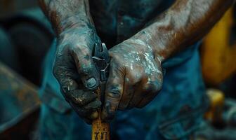 A close-up of a worker's hands gripping tools photo