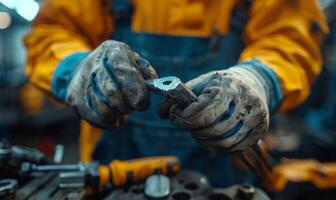 A close-up of a worker's hands gripping tools photo