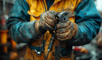 A close-up of a worker's hands gripping tools photo