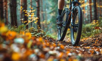 A cyclist's lower body and bike as they ride through a forest trail photo