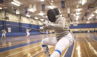 A fencer's body in action, with the opponent and fencing area in the background photo