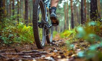 A cyclist's lower body and bike as they ride through a forest trail photo