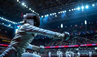 A fencer's body in action, with the opponent and fencing area in the background photo