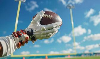 A football player's hands catching the ball mid-air, with the field and goalposts in the background photo