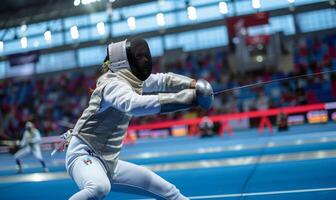 A fencer's body in action, with the opponent and fencing area in the background photo