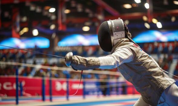 A fencer's body in action, with the opponent and fencing area in the background photo