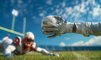 A football player's hands catching the ball mid-air, with the field and goalposts in the background photo