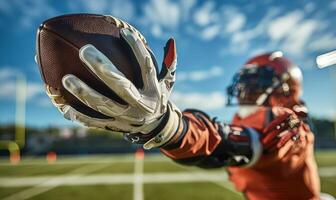 A football player's hands catching the ball mid-air, with the field and goalposts in the background photo