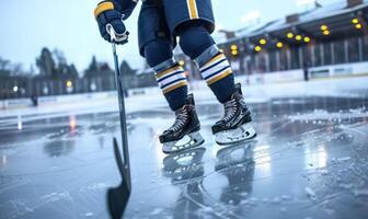 A hockey player's legs and skates gliding on ice, with the rink in the background photo