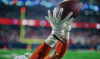 A football player's hands catching the ball mid-air, with the field and goalposts in the background photo