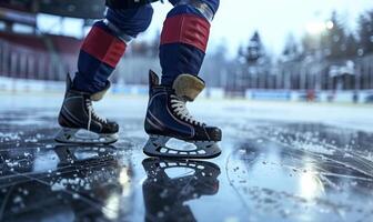 A hockey player's legs and skates gliding on ice, with the rink in the background photo