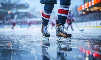 A hockey player's legs and skates gliding on ice, with the rink in the background photo