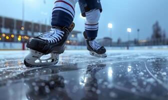 A hockey player's legs and skates gliding on ice, with the rink in the background photo