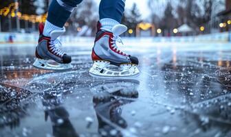 A hockey player's legs and skates gliding on ice, with the rink in the background photo