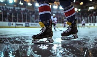 A hockey player's legs and skates gliding on ice, with the rink in the background photo