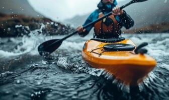 A kayaker's body and paddle in motion on a rapid river, with the surrounding landscape photo