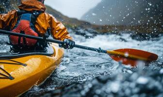 A kayaker's body and paddle in motion on a rapid river, with the surrounding landscape photo