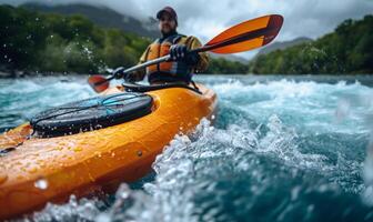 A kayaker's body and paddle in motion on a rapid river, with the surrounding landscape photo
