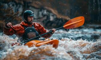A kayaker's body and paddle in motion on a rapid river, with the surrounding landscape photo