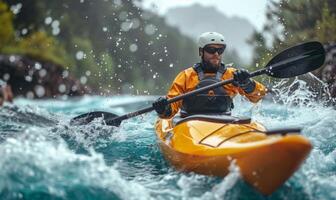 A kayaker's body and paddle in motion on a rapid river, with the surrounding landscape photo