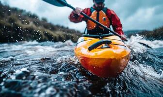 A kayaker's body and paddle in motion on a rapid river, with the surrounding landscape photo